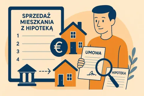 Mężczyzna analizuje umowę i dokumenty dotyczące sprzedaży mieszkania z hipoteką. Proces sprzedaży nieruchomości z hipoteką jest przedstawiony krok po kroku.