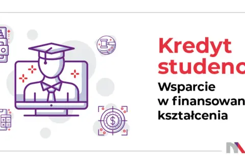 Grafika przedstawia ikonki związane z finansami i edukacją, symbolizujące kredyt studencki.