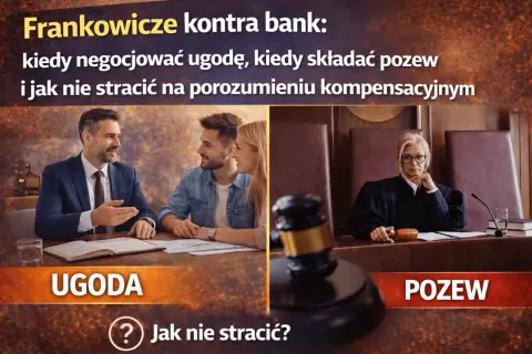 Frankowicze negocjują ugodę lub składają pozew. Obraz pokazuje parę rozmawiającą z prawnikiem po lewej i sędzię po prawej, symbolizując wybór między ugodą a procesem.