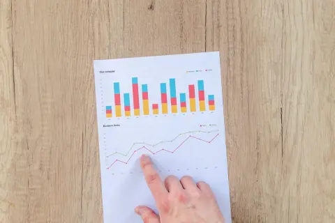 Analiza wykresów finansowych, w tym danych dotyczących obligacji indeksowanych inflacją, na drewnianym tle.