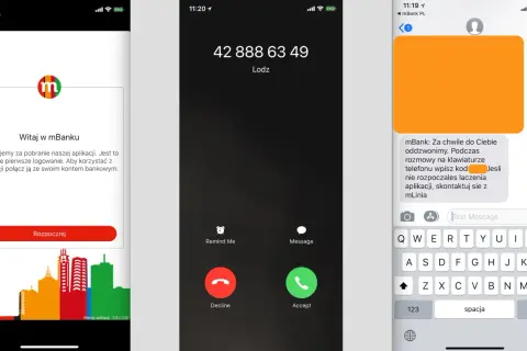 Ekran aplikacji mBank, połączenie telefoniczne i SMS. Jak zmienić nr telefonu w mBank? Aplikacja mBank oferuje pomoc.