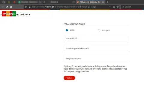 Formularz mBank do aktywacji dostępu. Wpisz PESEL, nazwisko panieńskie matki i identyfikator, by odblokować kartę mBank.