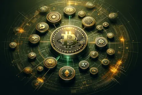 Złote monety kryptowalut, w tym Bitcoin i Ethereum, wirują na tle cyfrowej sieci. To wizualizacja tego, co to są altcoiny i ich miejsce w ekosystemie.