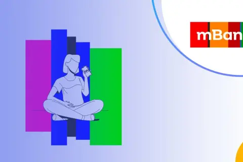 Ilustracja przedstawia osobę z telefonem, obok kolorowych prostokątów. Dowiedz się, jak usunąć zaufane urządzenie mBank.