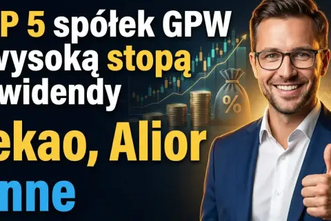 Top 5 spółek GPW z wysoką stopą dywidendy: Pekao, Alior i inne. Uśmiechnięty mężczyzna w garniturze pokazuje kciuk w górę.