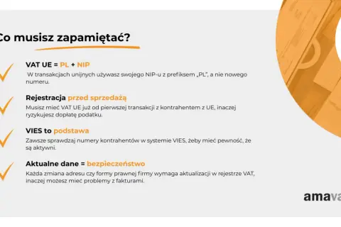 W transakcjach unijnych używaj swojego NIP-u z prefiksem „PL". Pamiętaj o rejestracji VAT UE przed sprzedażą i sprawdzaj kontrahentów w VIES. Aktualne dane to bezpieczeństwo.