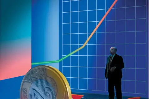 Biznesmen patrzy na wykres wzrostu, symbolizujący potencjalny zysk lub niebezpieczną lichwę. Moneta sugeruje finanse.
