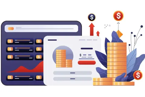 Ilustracja przedstawia nowoczesne narzędzia fintech: wykresy, stosy monet i ikony dolara symbolizujące wzrost finansowy i inwestycje.