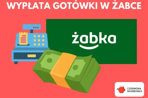 W Żabce możesz wypłacić gotówkę. Obrazek przedstawia kasę fiskalną, banknoty i logo Żabki.