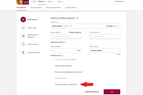 Wyślij potwierdzenie na adres e-mail, aby uzyskać potwierdzenie przelewu.