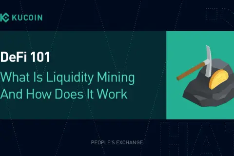 DeFi 101: Co to liquidity mining? Grafika przedstawia kilof wydobywający złoty token z bryły węgla, symbolizując zyski z dostarczania płynności.