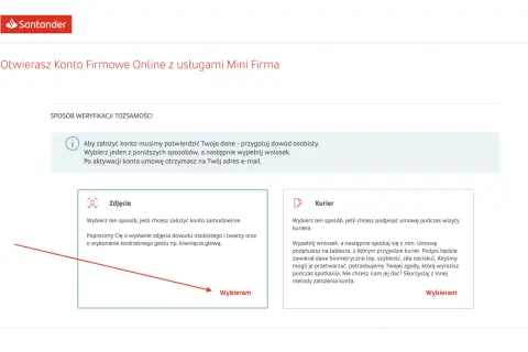 Santander: otwórz konto firmowe online. Wybierz weryfikację przez zdjęcie lub kuriera, by założyć swoje nowe konto.