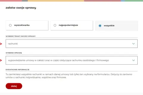 Formularz mBanku. Wybierz "rachunki" i "wypowiedzenie umowy", aby dowiedzieć się, jak zamknąć konto w mbanku.