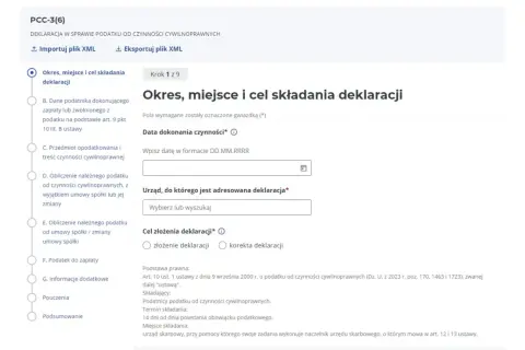 Formularz PCC-3(6) - Okres, miejsce i cel składania deklaracji. Wpisz datę czynności, wybierz urząd skarbowy i zaznacz cel złożenia deklaracji.