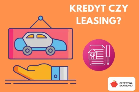 Kredyt czy leasing? Wybierz najlepszą opcję na **auto na raty**. Ilustracja przedstawia samochód, rękę i dokumenty.