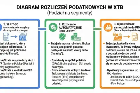 Diagram rozliczeń podatkowych w XTB: PIT-8C, rozliczenia automatyczne i samodzielne wprowadzanie do PIT-38. XTB dywidenda 2026.