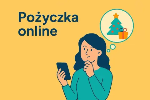 Kobieta myśli o świątecznych prezentach, przeglądając ofertę pożyczka online na telefonie.