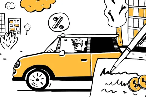 Mężczyzna w okularach siedzi za kierownicą żółtego samochodu, myśląc o procencie. Obok leży dokument z podpisem i monetami, sugerując kredyt na samochód.