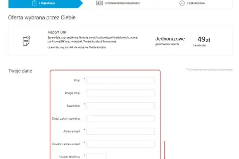 Formularz do wypełnienia danych osobowych w celu uzyskania raportu BIK. Sprawdź swoją historię kredytową i kondycję finansową.