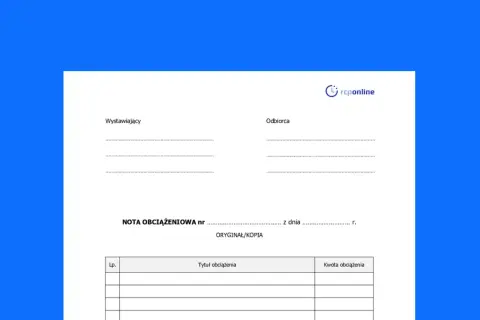 Formularz nota obciążeniowa z polami na dane wystawcy, odbiorcy, numer i datę dokumentu oraz tabelą na tytuł i kwotę obciążenia.