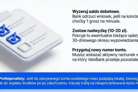 Grafika przedstawia listę zadań z zaznaczonymi elementami. Wskazówki dotyczące zamykania konta: wyzeruj saldo debetowe, zostaw nadwyżkę, przygotuj nowy numer konta.