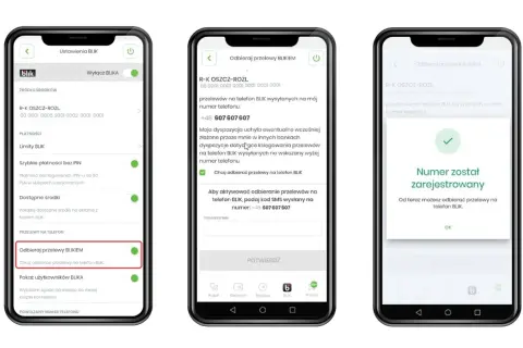 Trzy ekrany telefonu pokazują proces aktywacji odbioru przelewów BLIK. Na pierwszym ekranie widać opcję "Odbieraj przelewy BLIKIEM", na drugim wprowadzanie numeru telefonu, a na trzecim potwierdzenie rejestracji.