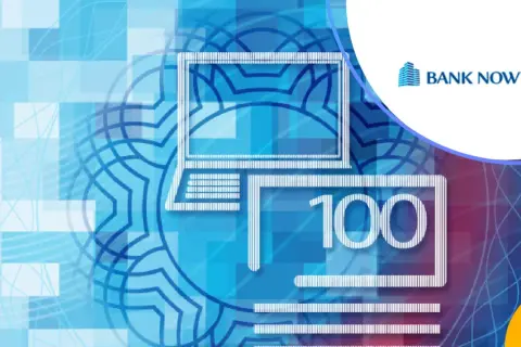 Grafika przedstawia symboliczny depozyt w banku, gdzie komputer i banknot 100 symbolizują bezpieczeństwo finansowe.