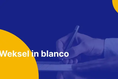Dłoń podpisuje dokument, tekst "Weksel in blanco" na żółtym tle.