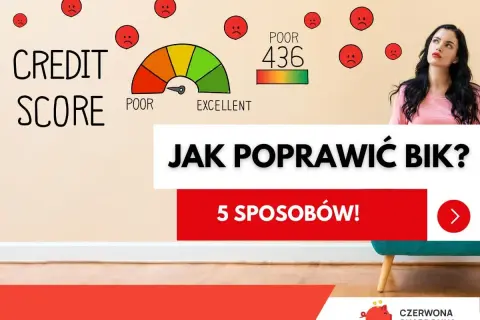 Kobieta martwi się niskim scoringiem kredytowym (436). Grafika pokazuje skalę od "POOR" do "EXCELLENT" i smutne buźki.