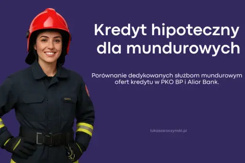 Uśmiechnięta strażaczka w hełmie. Kredyt hipoteczny dla mundurowych to oferta PKO BP i Alior Bank.