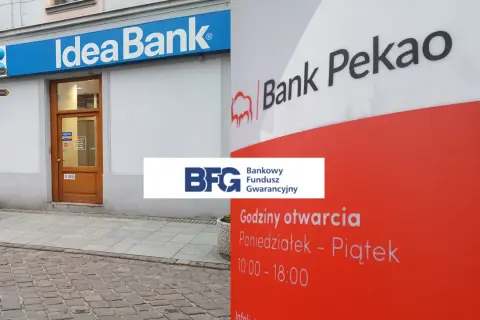 Idea Bank i Bank Pekao obok siebie. Na czerwonym słupie godziny otwarcia: poniedziałek-piątek 10:00-18:00.