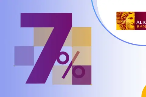 Duża cyfra 7 z symbolem procentu, logo Alior Bank. Sprawdź, jakie oprocentowanie w Alior Bank możesz uzyskać.