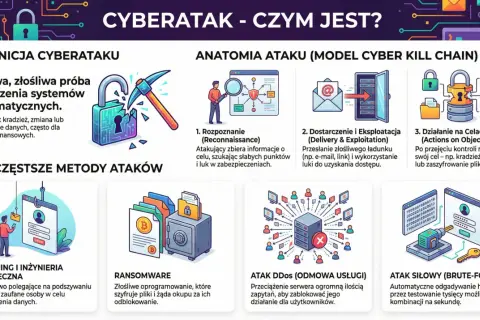 Ilustracja wyjaśnia, czym jest cyberatak, jego anatomię i najczęstsze metody, takie jak phishing czy ransomware.
