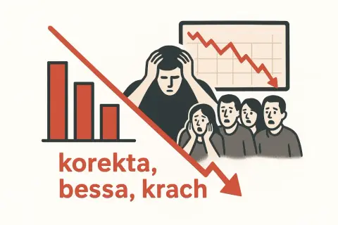 Ludzie z przerażeniem patrzą na wykresy giełdowe, które pokazują spadki. To korekta, bessa, krach.
