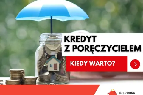 Skarbonka z domkiem i monetami pod parasolem. Kredyt z poręczycielem, gdy potrzebujesz wsparcia.