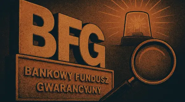 Trójwymiarowe litery BFG nad tabliczką "BANKOWY FUNDUSZ GWARANCYJNY". Obok lupa i migająca lampka ostrzegawcza.