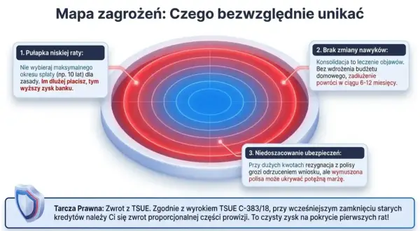 Mapa zagrożeń: pułapka niskiej raty, brak zmiany nawyków (konsolidacja leczy objawy), niedoszacowanie ubezpieczeń. Tarcza Prawna: zwrot prowizji.