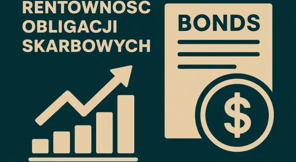 Wykres wzrostu i dokument z napisem "BONDS" oraz symbolem dolara. Ilustracja wyjaśnia, co to jest rentowność obligacji skarbowych.