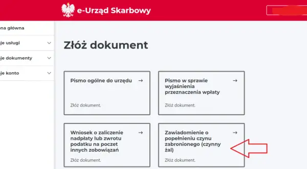 Zawiadomienie o popełnieniu czynu zabronionego (czynny żal) - złóż dokument w e-Urzędzie Skarbowym.
