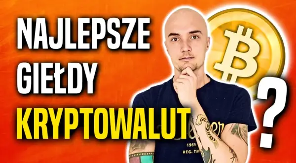 Mężczyzna zastanawia się nad najlepszą giełdą kryptowalut, obok symbol Bitcoina i znak zapytania.