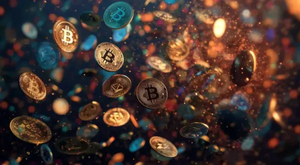 Złote monety z symbolem "B" wirują w powietrzu, sugerując, która kryptowaluta wystrzeli.