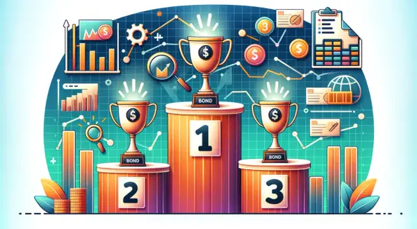 Trzy puchary na podium symbolizują sukces funduszy obligacji. Wykresy i monety sugerują wzrost wartości.