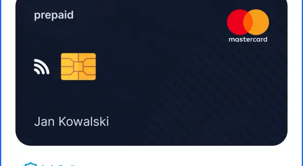 Karta przedpłacona Mastercard dla Jana Kowalskiego z symbolem płatności zbliżeniowych i chipem.
