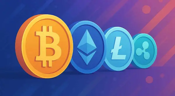 Ikony Bitcoin, Ethereum, Litecoin i Ripple. Zastanawiasz się, w jakie kryptowaluty inwestować długoterminowo?