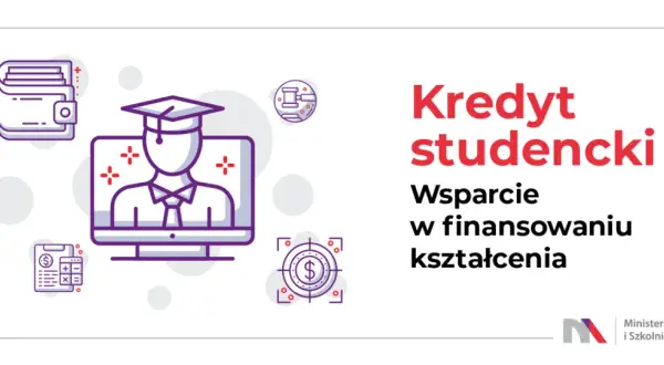 Grafika przedstawia ikonki związane z finansami i edukacją, symbolizujące kredyt studencki.
