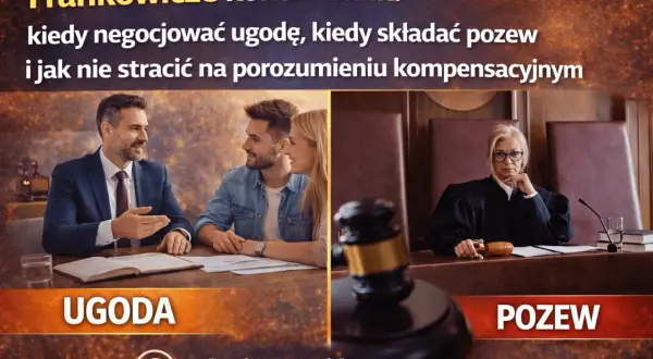 Frankowicze negocjują ugodę lub składają pozew. Obraz pokazuje parę rozmawiającą z prawnikiem po lewej i sędzię po prawej, symbolizując wybór między ugodą a procesem.