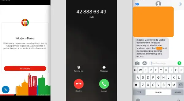 Ekran aplikacji mBank, połączenie telefoniczne i SMS. Jak zmienić nr telefonu w mBank? Aplikacja mBank oferuje pomoc.