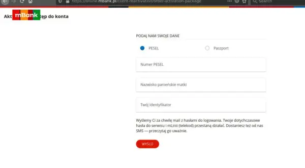 Formularz mBank do aktywacji dostępu. Wpisz PESEL, nazwisko panieńskie matki i identyfikator, by odblokować kartę mBank.