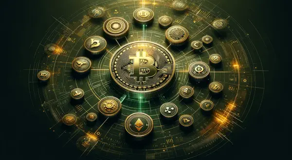 Złote monety kryptowalut, w tym Bitcoin i Ethereum, wirują na tle cyfrowej sieci. To wizualizacja tego, co to są altcoiny i ich miejsce w ekosystemie.