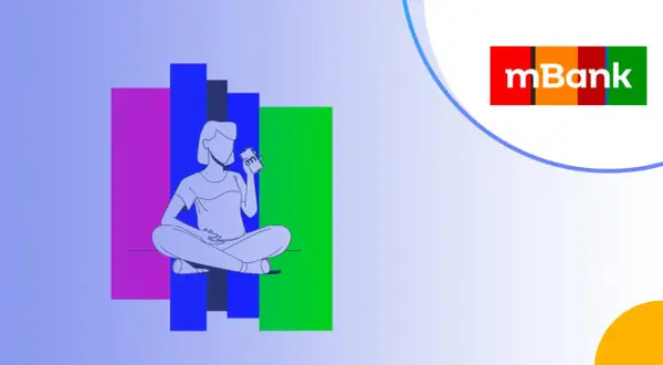 Ilustracja przedstawia osobę z telefonem, obok kolorowych prostokątów. Dowiedz się, jak usunąć zaufane urządzenie mBank.